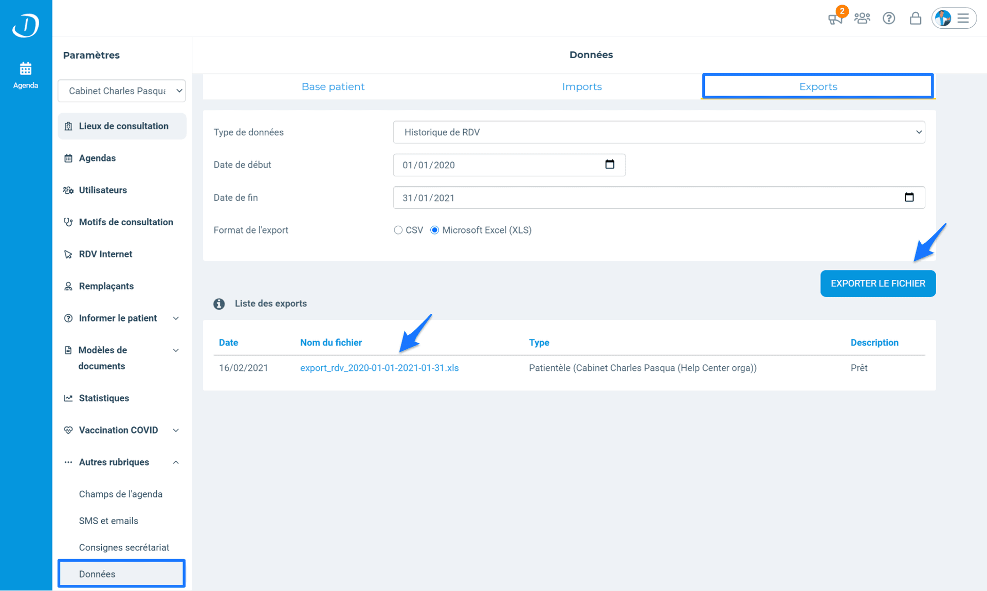 Illustration montrant comment exporter la liste des RDV depuis Doctolib