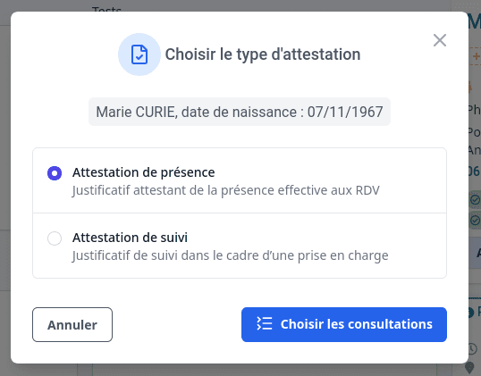 Choix du type d'attestation à générer pour un patient