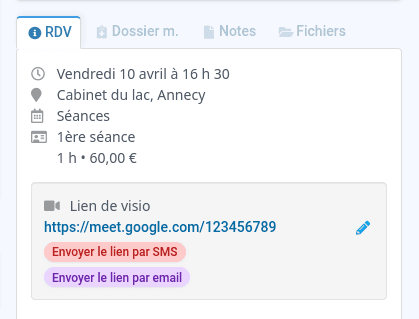 Détail d'un rendez-vous avec lien de visio Google Meet