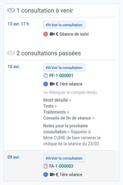 Historique des consultations et compte-rendu de séance