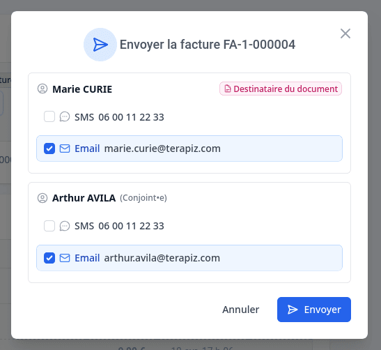 Envoi d'une facture par email ou SMS au patient ou à un de ses contacts