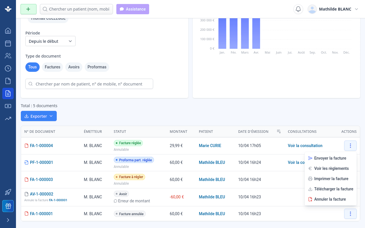 Liste des factures avec actions rapides disponibles