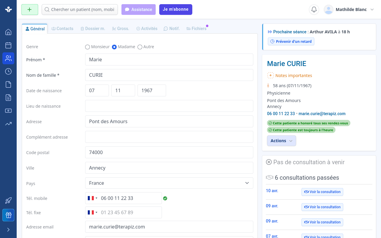 Fiche patient complète centralisant toutes les informations