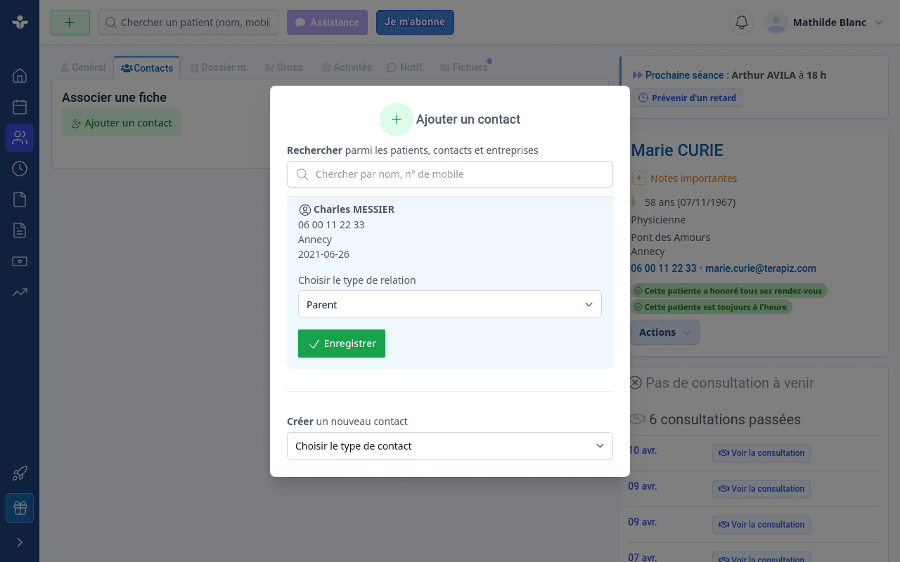 Ajout d'un contact parent ou tuteur sur la fiche patient