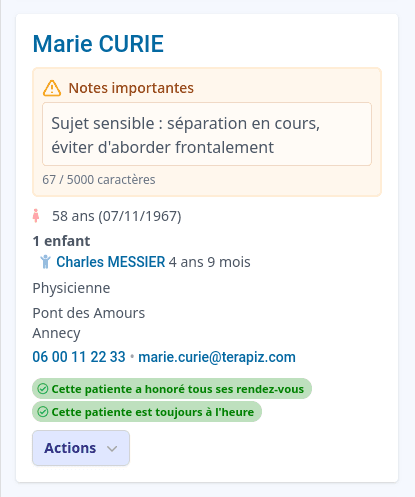 Résumé de la fiche patient avec notes importantes