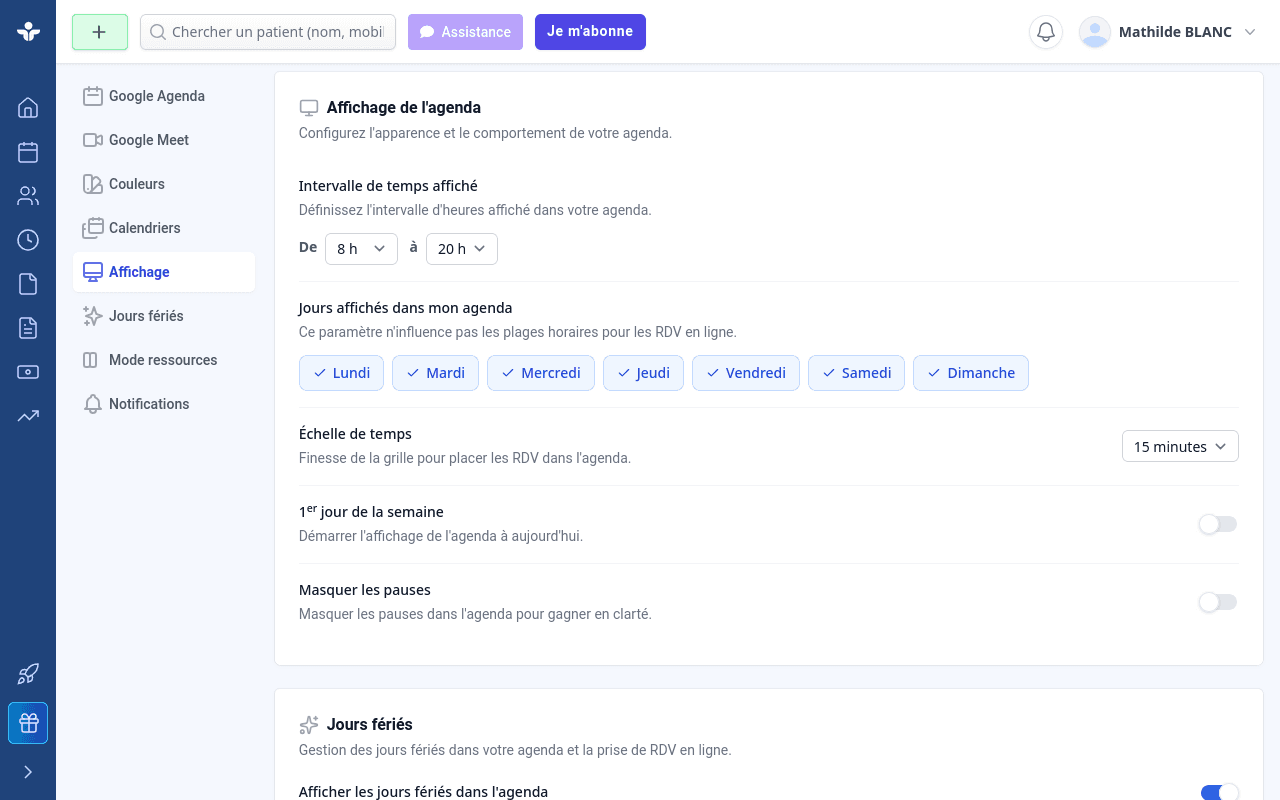 Personnalisation de l'agenda et des plages horaires