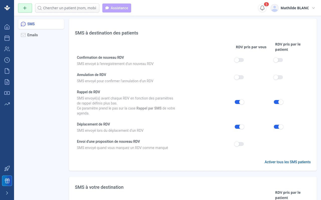 Grille de paramétrage des SMS automatiques