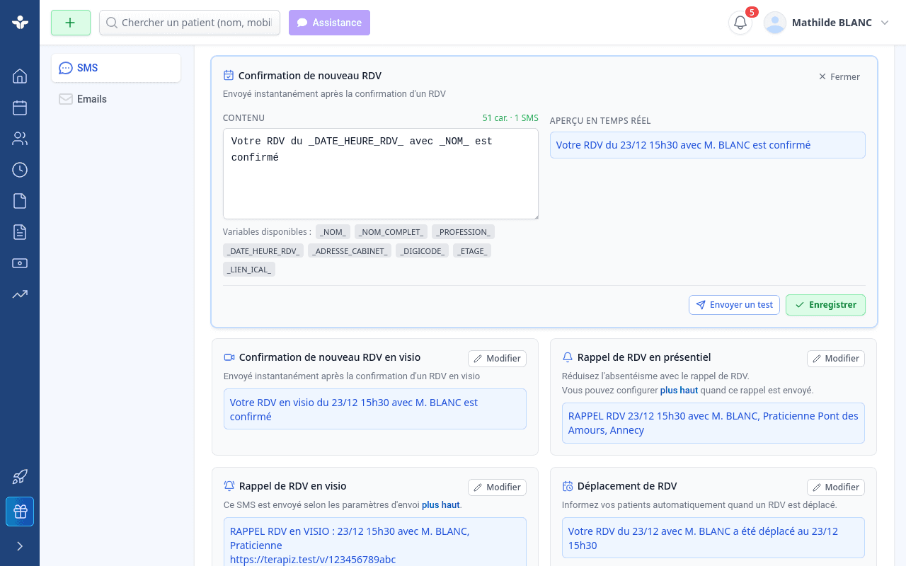 Personnalisation du contenu des rappels SMS automatiques