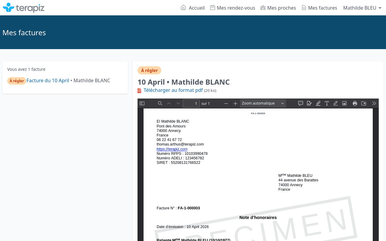 Espace patient en ligne avec ses devis dans Terapiz