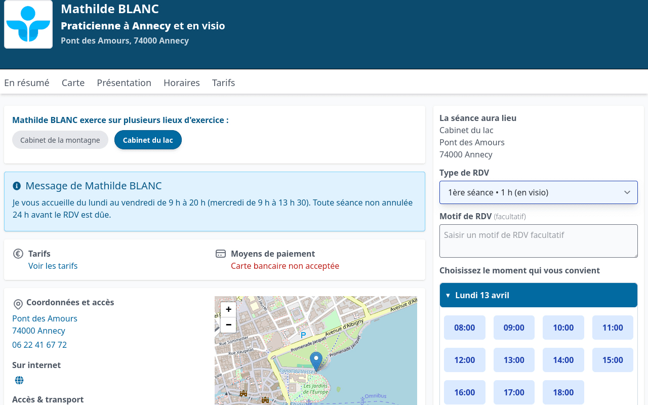 Page de prise de rendez-vous en ligne côté patient