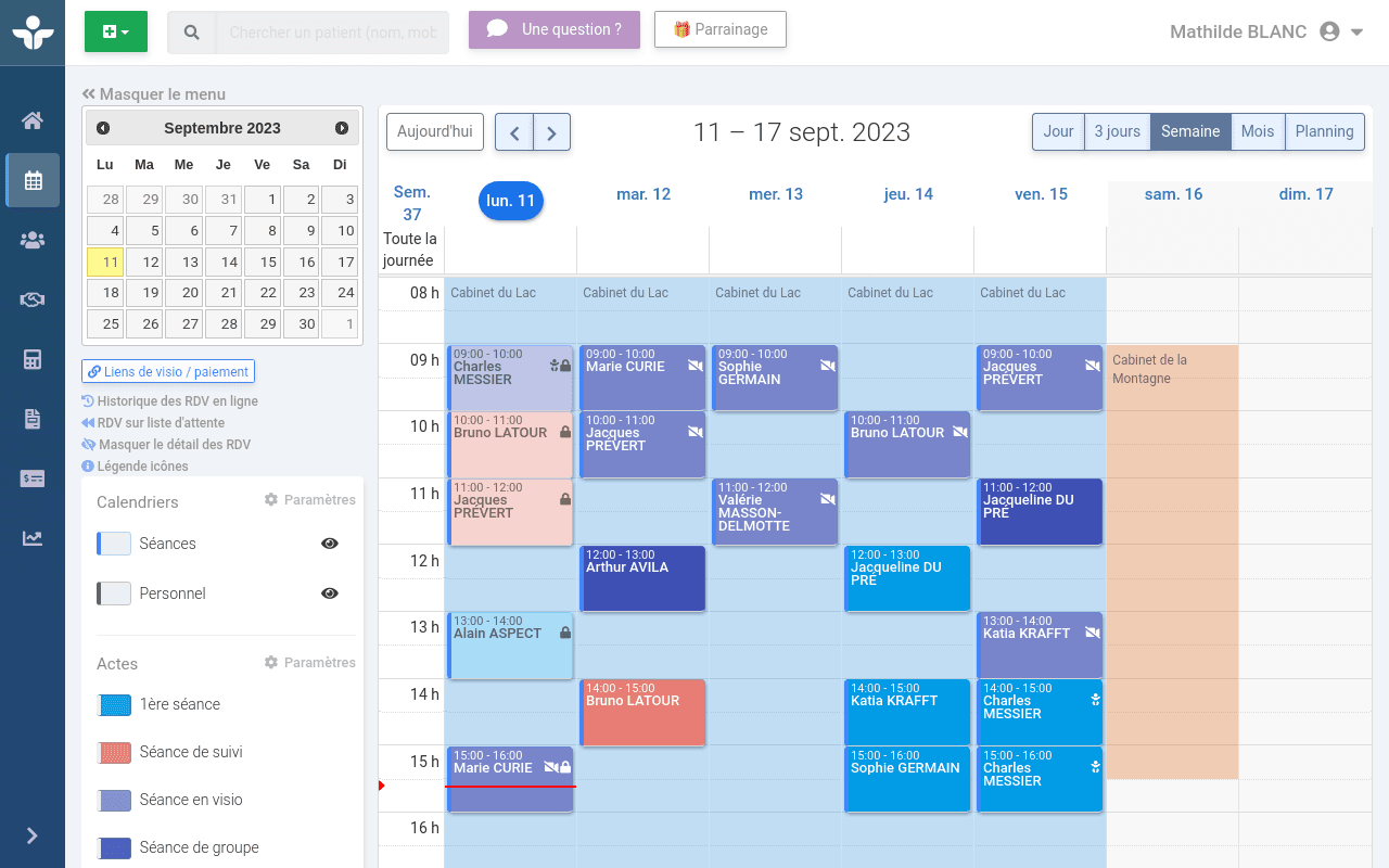 Illustration montrant l'agenda Terapiz bien rempli grâce aux rappels de RDV par SMS qui limitent l'absentéisme et les lapins