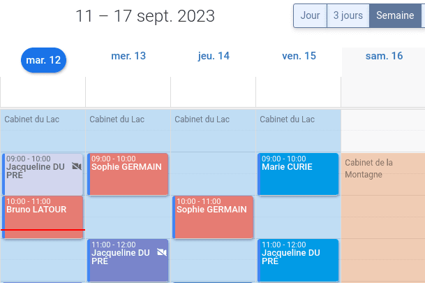 Illustration montrant la gestion de plusieurs lieux d'exercice depuis l'agendaeulement affiché en dev