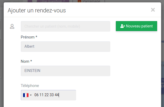 Illustration montrant la création d'une fiche patient rapide dans la fenêtre de création de RDV, très pratique lorsqu'on est au téléphone