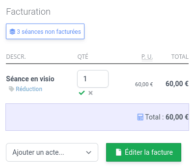 Illustration montrant le bloc de facturation depuis une consultation, vous êtes libre d'utiliser la facturation Terapiz ou non