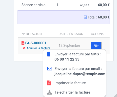Illustration montrant l'envoi de facture par SMS ou email à vos patients