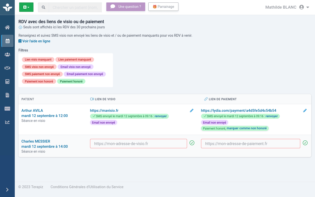 Illustration montrant la liste des RDV à venir en visio ou avec lien de paiement, permettant de simplement gérer vos RDV à distance