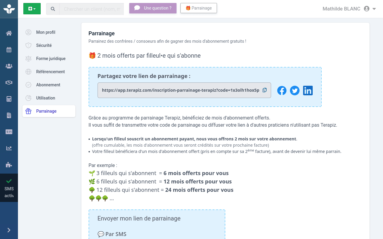 Illustration montrant le programme de parrainage de Terapiz qui vous fait gagner des mois d'abonnement offerts