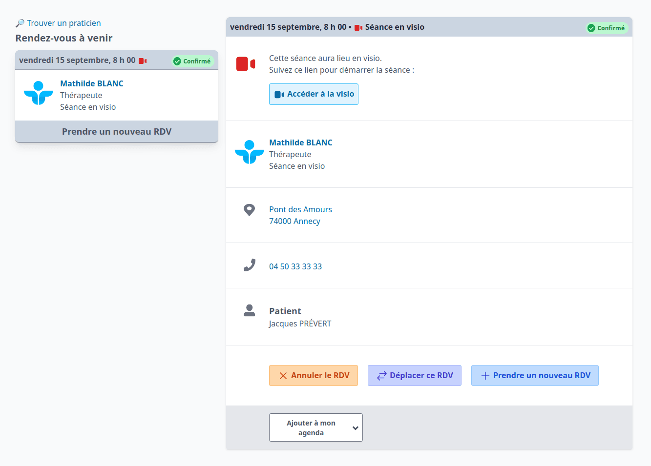 Illustration montrant la gestion des RDV en visio depuis l'espace patient